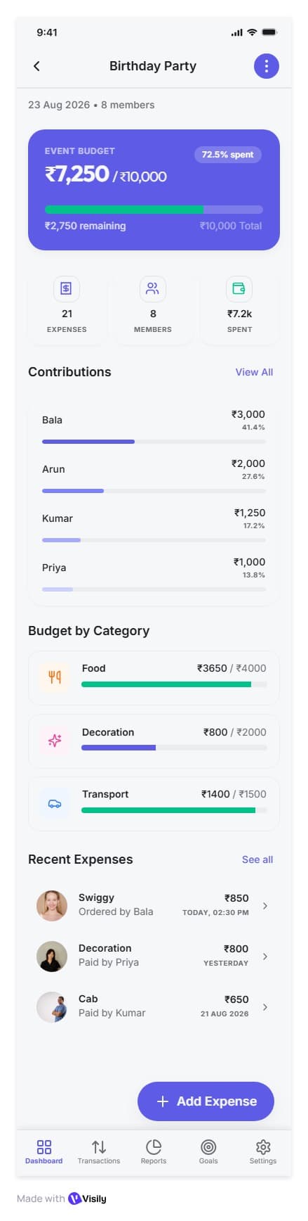 Event budget concept with contributions, spending categories, and expenses