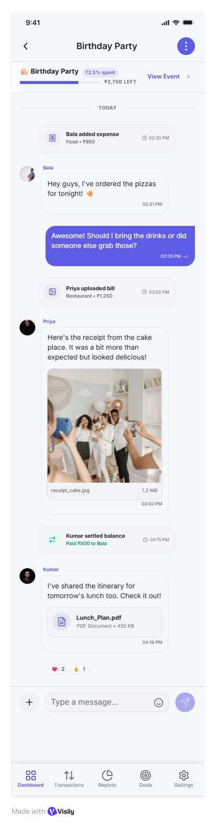 Private event chat concept with receipts and settlement activity